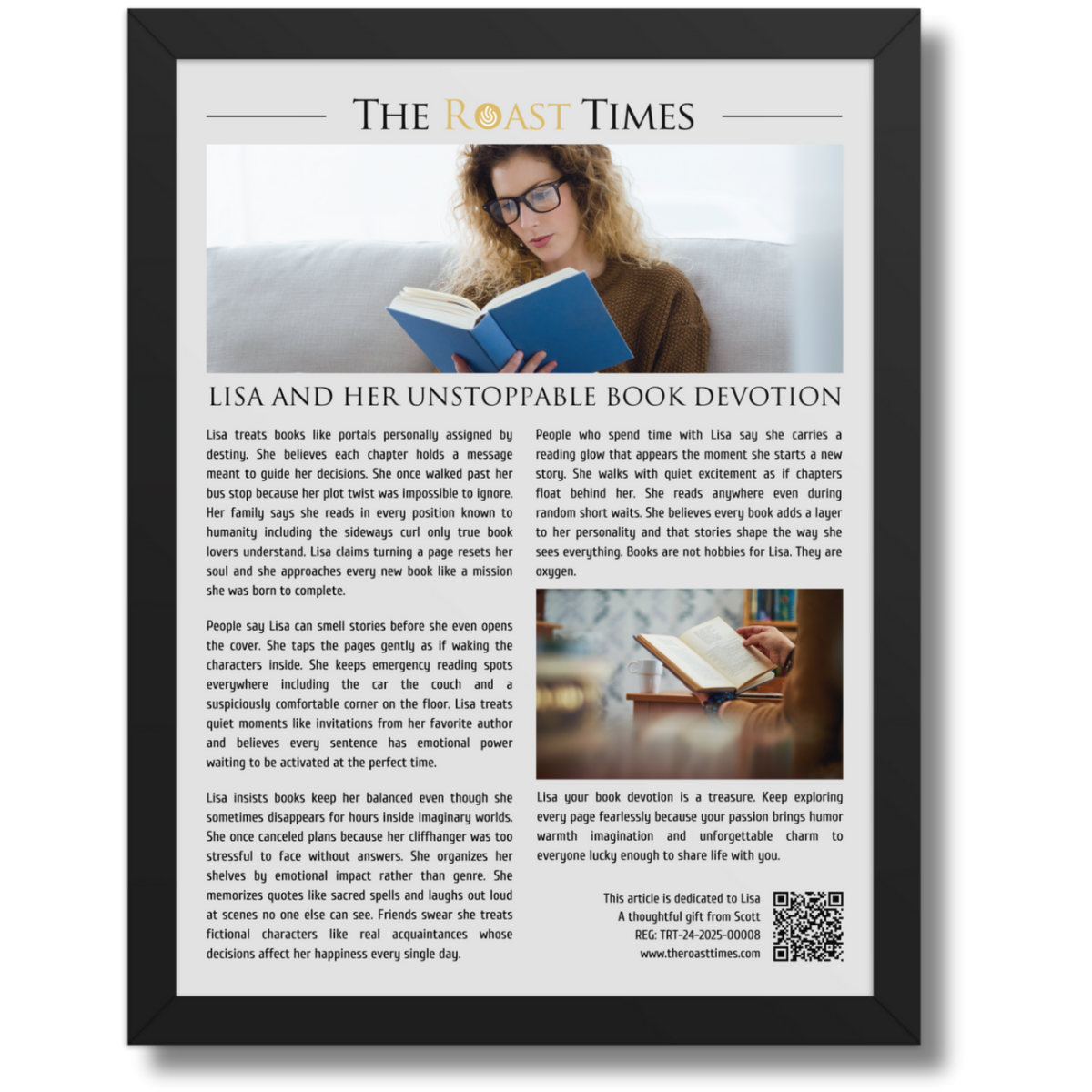 Gift for a Book Lover, a personalized framed article