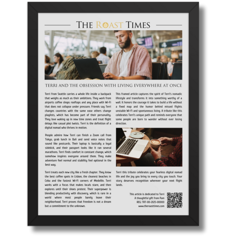 Gift for a Digital Nomad, a personalized framed article