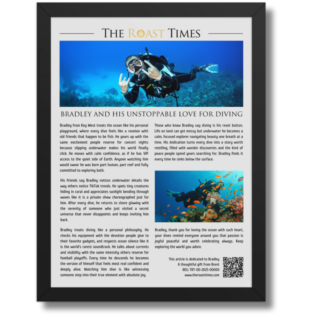 Gift for a Diving Lover, a personalized framed article