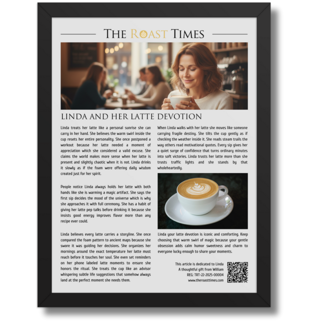 Gift for a Latte Lover, a personalized framed article
