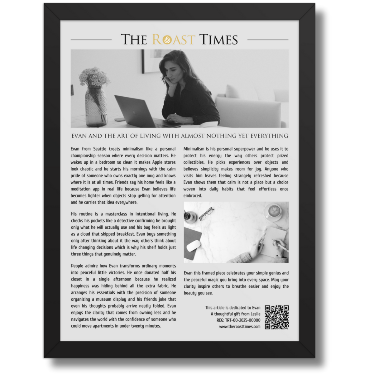 Gift for a Minimalist Person, a personalized framed article