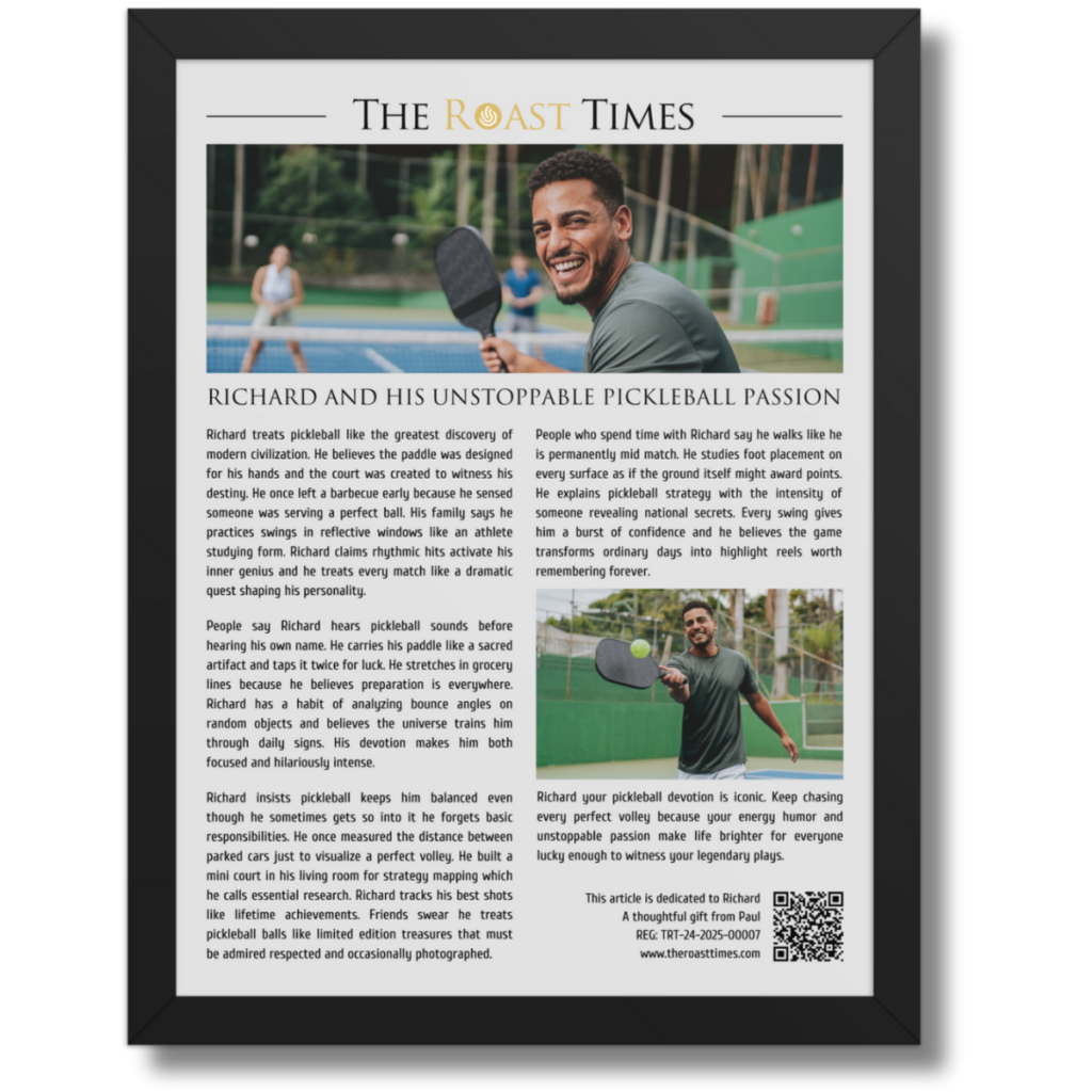 Gift for a Pickleball Lover, a personalized framed article