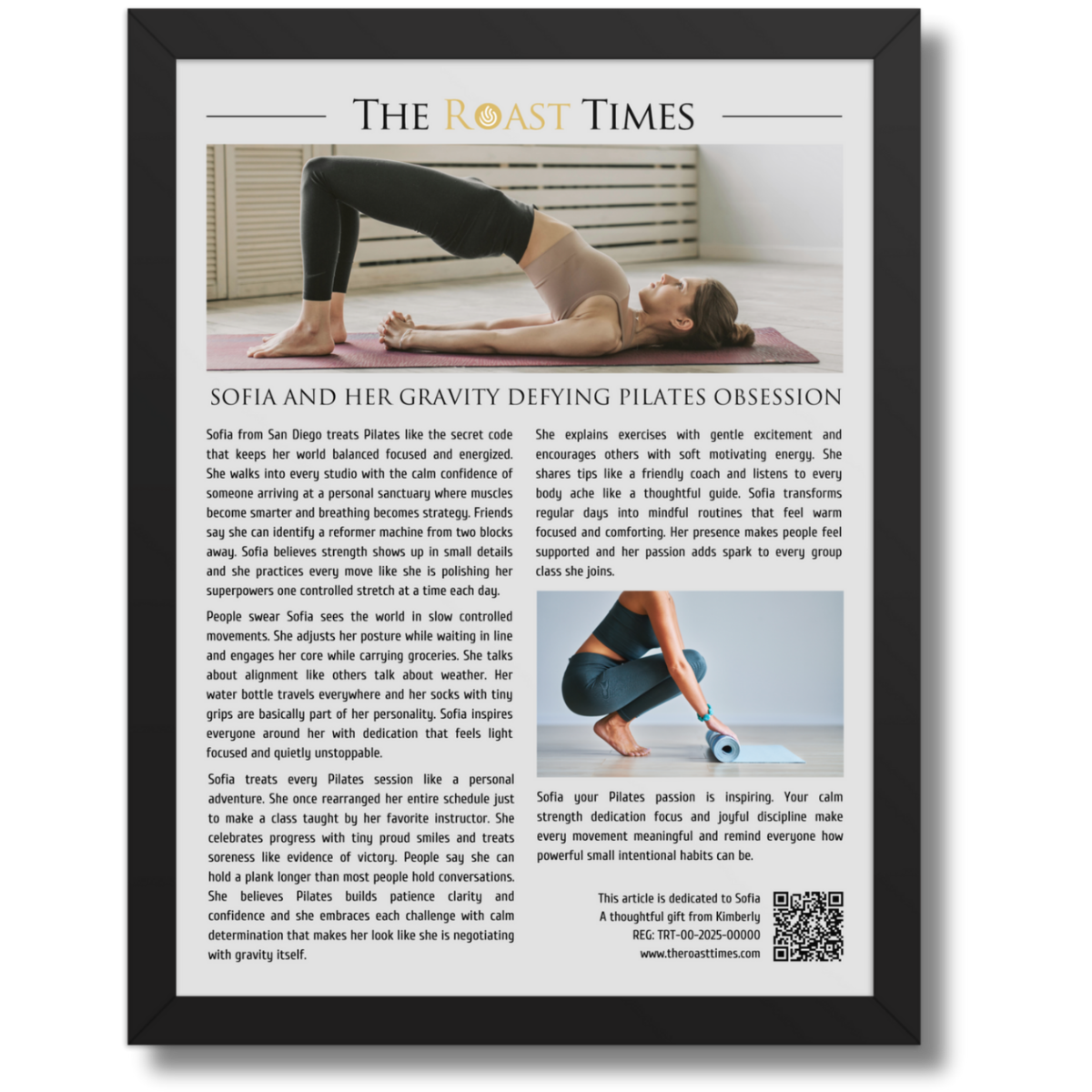 Gift for a Pilates Lover, a personalized framed article