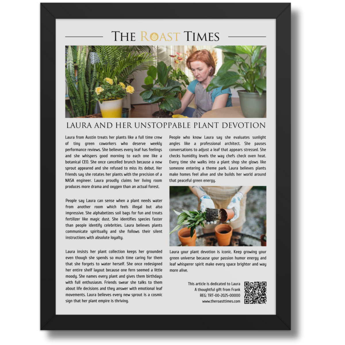 Gift for a Plant Lover, a personalized framed article