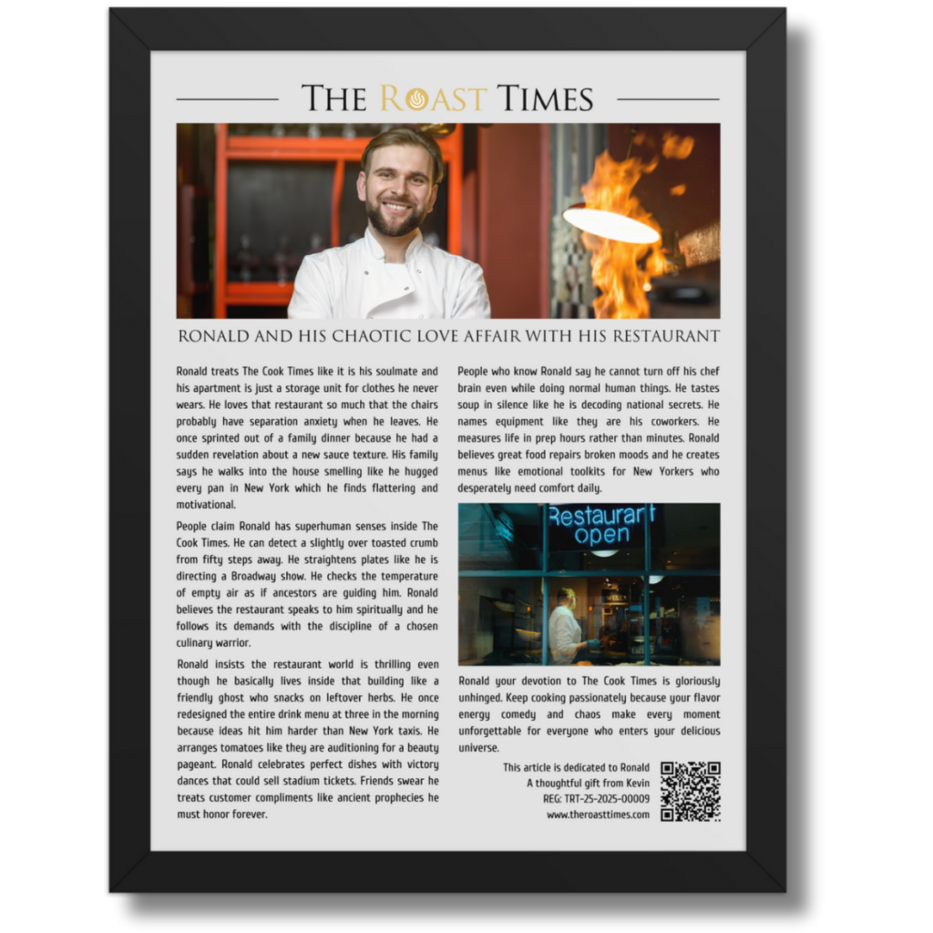 Gift for a Restaurant Owner, a personalized framed article