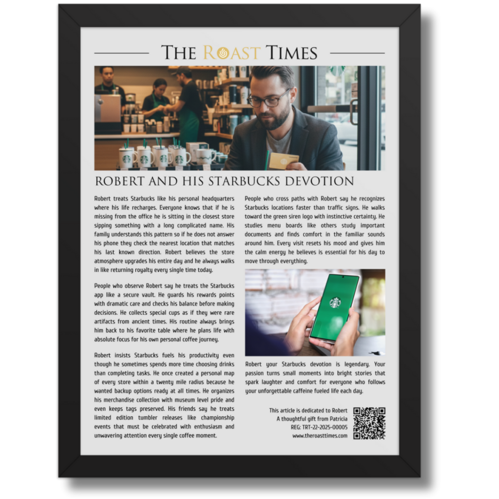 Gift for a Starbucks Lover, a personalized framed article