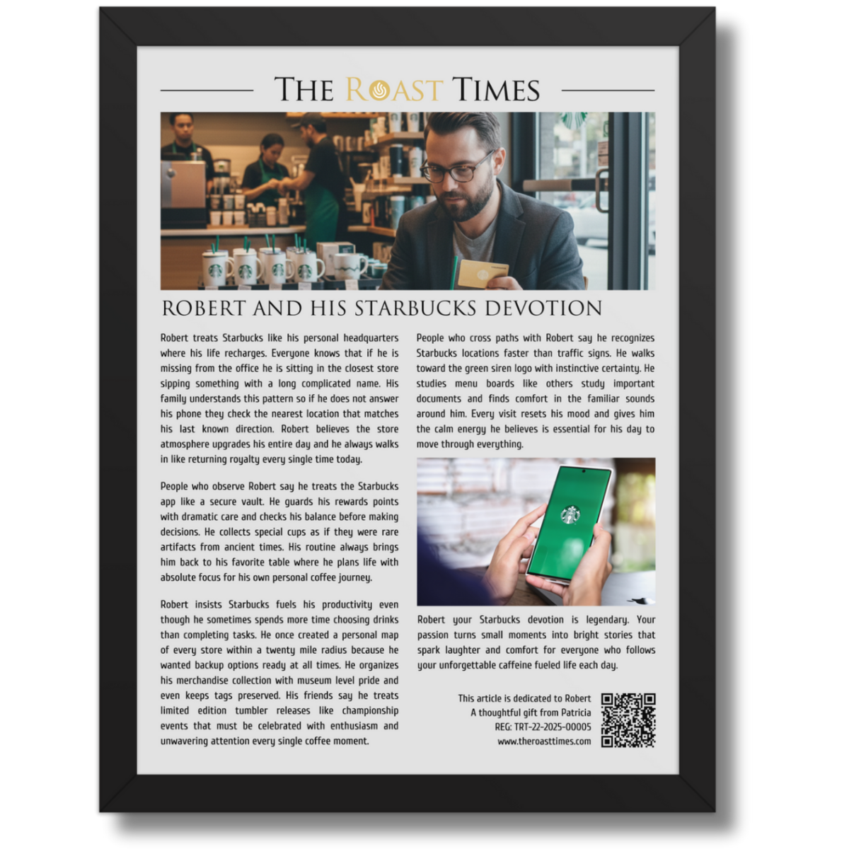 Gift for a Starbucks Lover, a personalized framed article