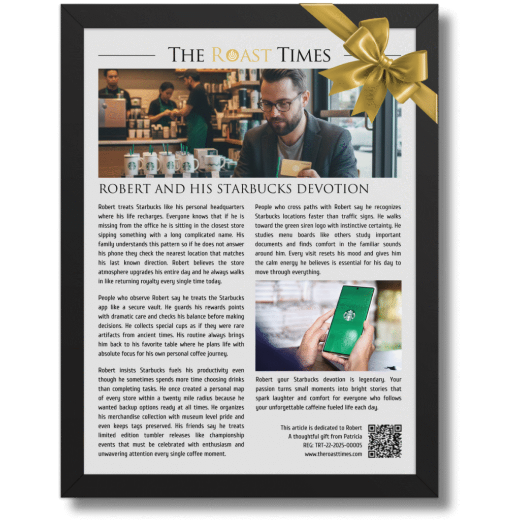 Gift for a Starbucks Lover, a personalized framed article