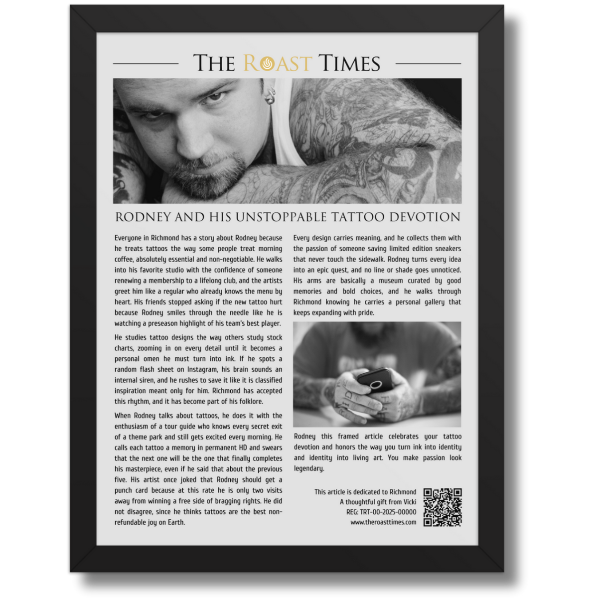 Gift for a Tattoo Lover, a personalized framed article