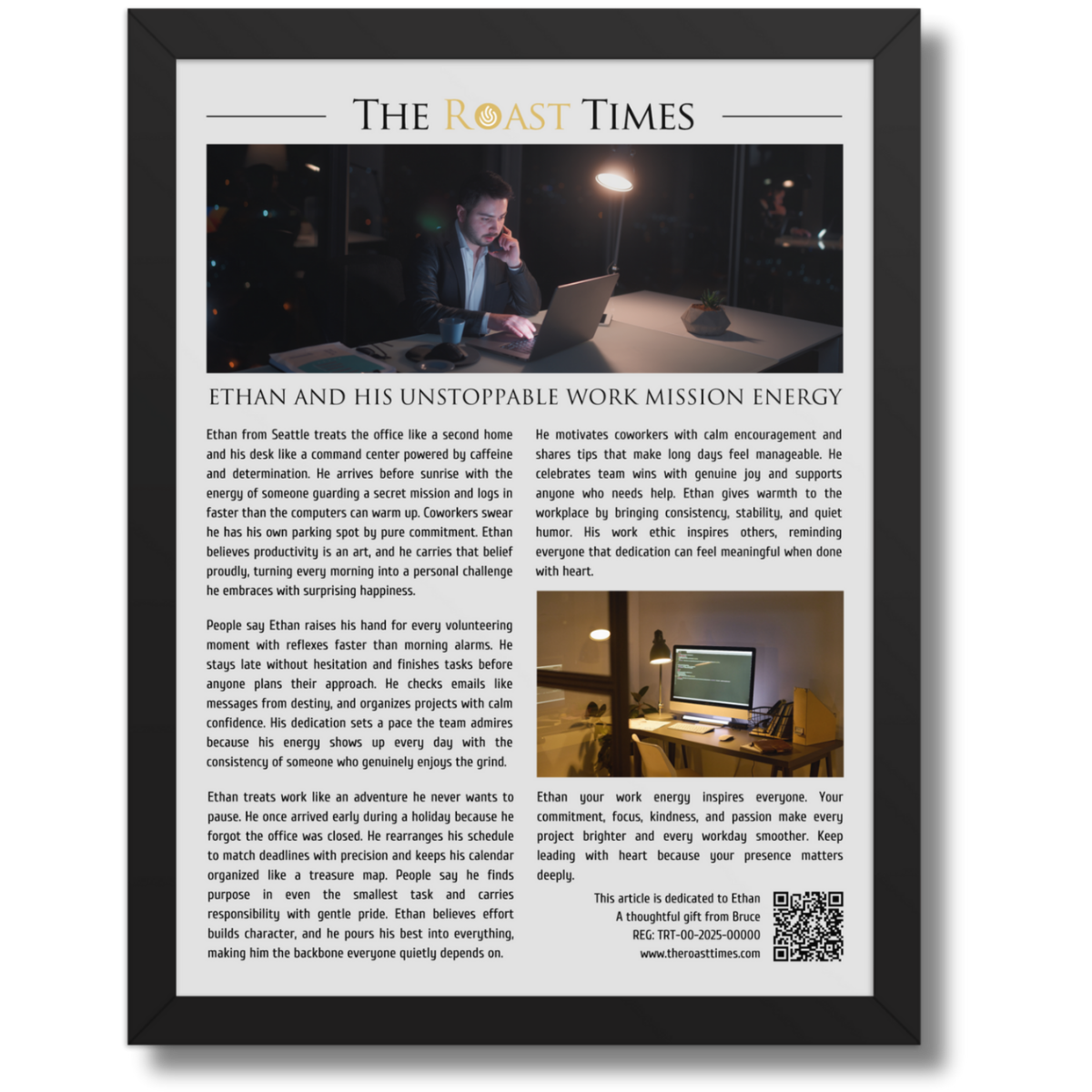 Gift for a Workaholic Coworker, a personalized framed article