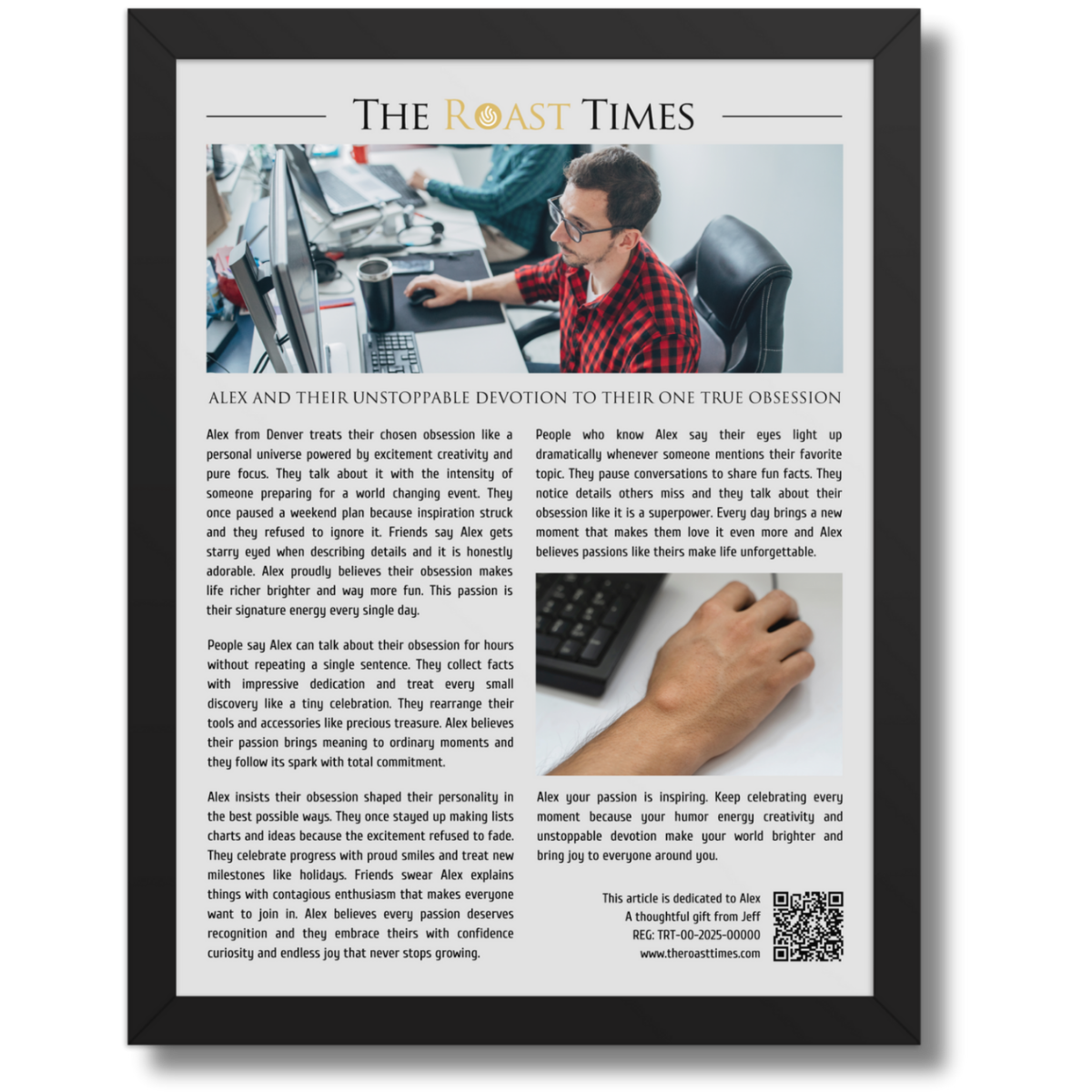 Gift for Any Obsession, a personalized framed article