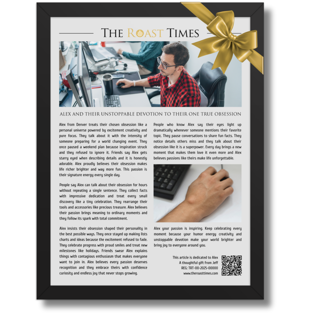 Gift for Any Obsession, a personalized framed article