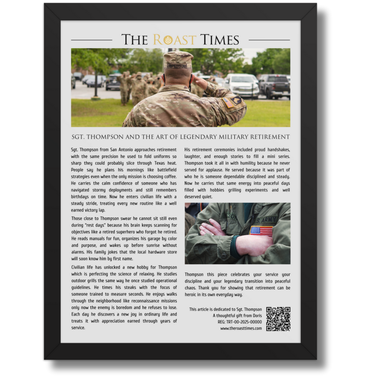 Gift for Military Retirement, a personalized framed article