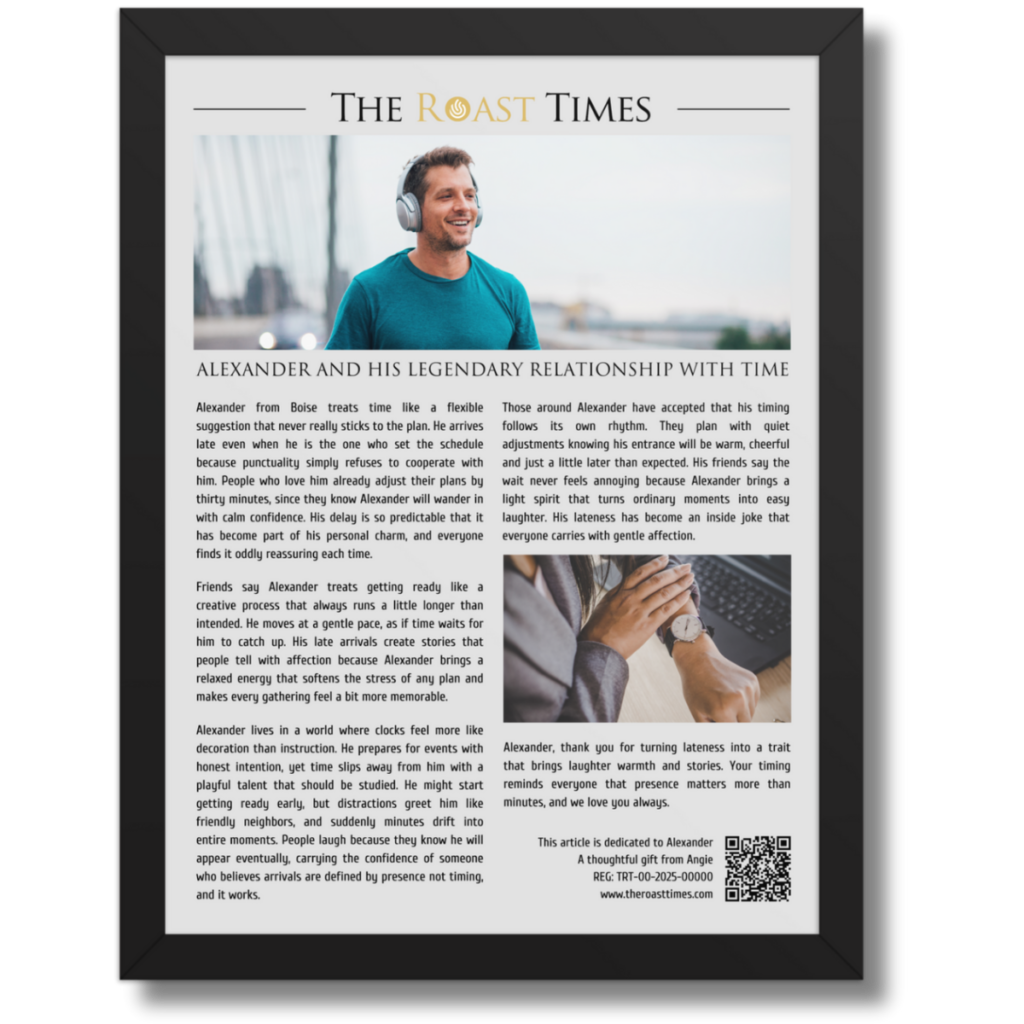 Gift for someone always Late, a personalized framed article