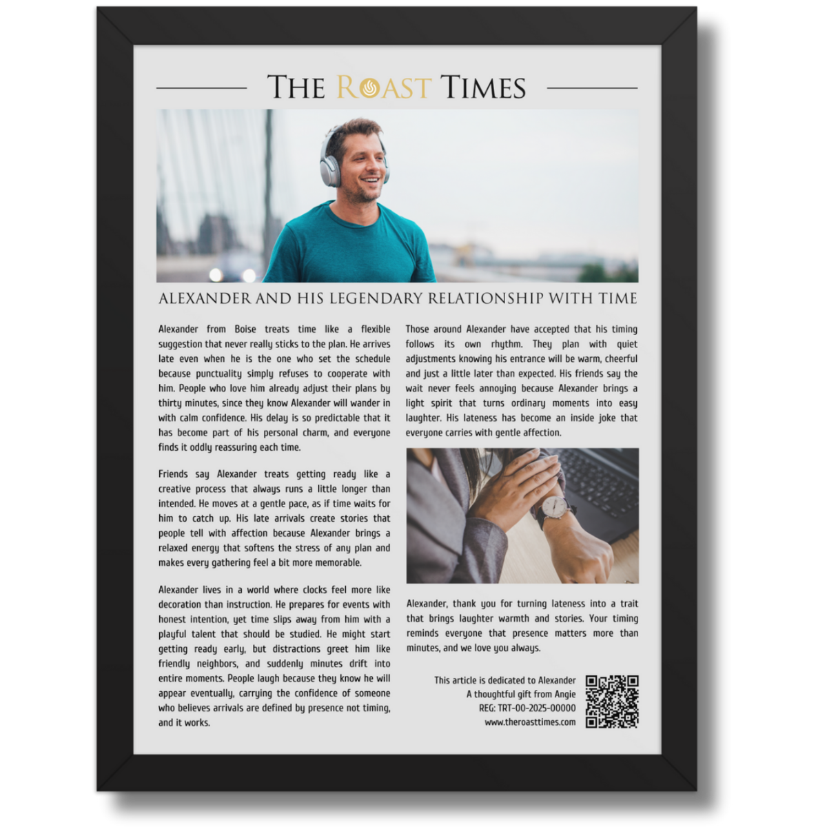 Gift for someone always Late, a personalized framed article