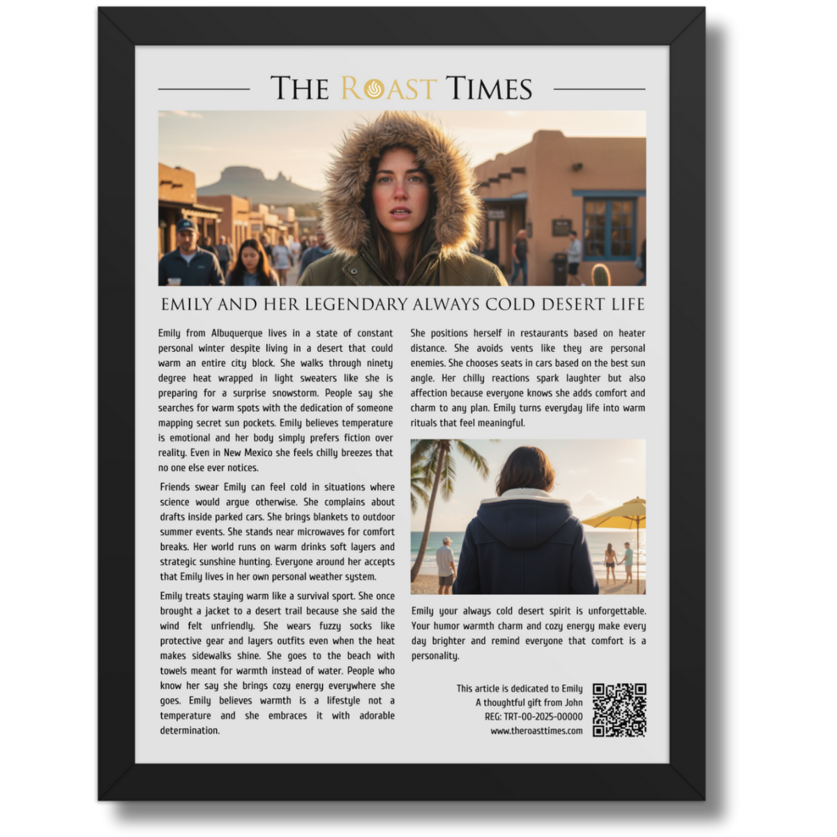 Gift for someone who is always cold, a personalized framed article