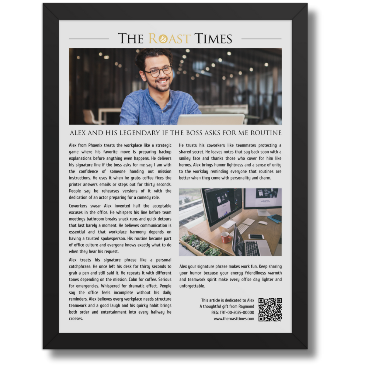 Ideal Gift for a Coworker, a personalized framed article