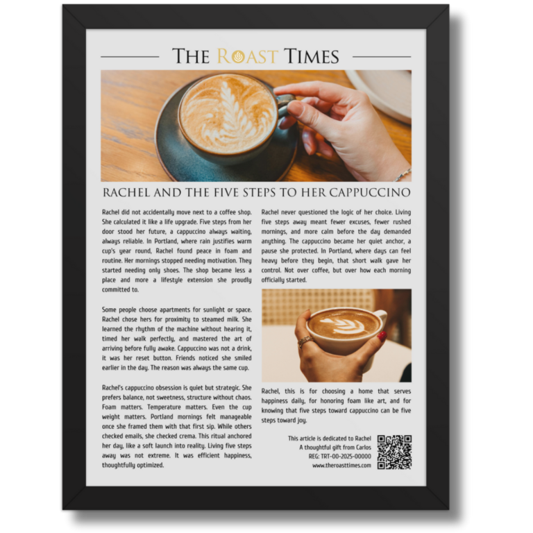 Gift for a cappuccino lover, a framed article that understands the move