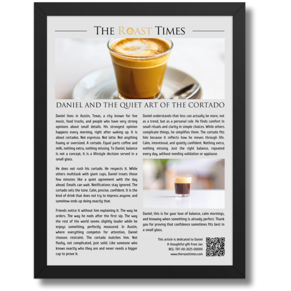 Gift for a cortado lover, a framed article that celebrates perfect balance