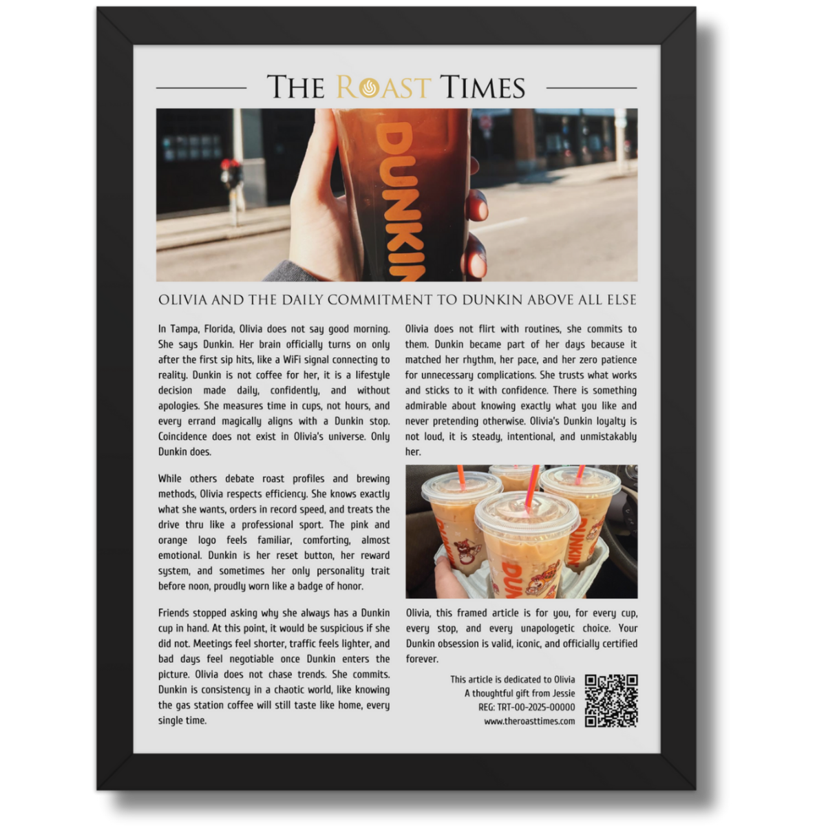 Gift for a Dunkin Lover, a framed article for true fans