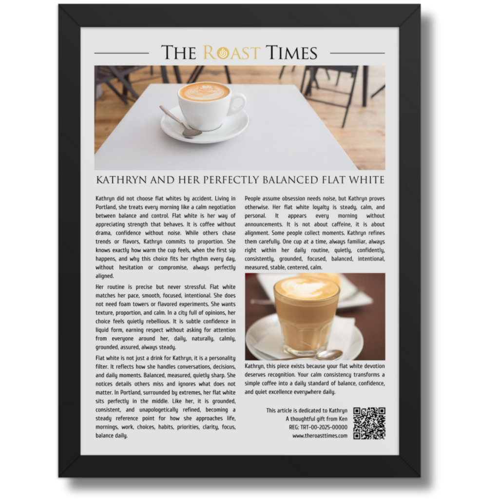 Gift for a flat white lover, a framed article that celebrates refined coffee devotion