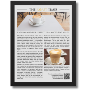 Gift for a flat white lover, a framed article that celebrates refined coffee devotion