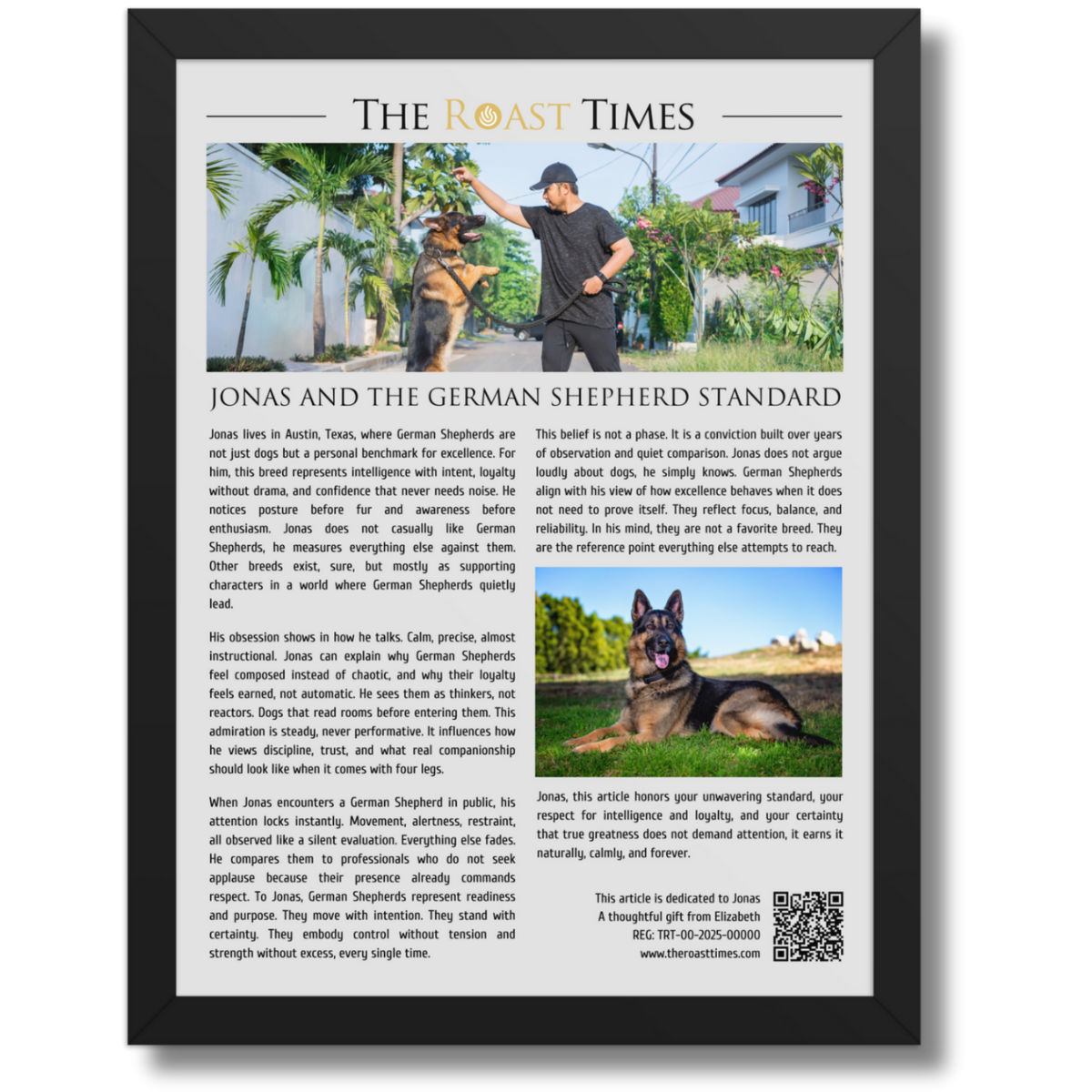 Gift for a German Shepherd lover, an iconic framed article