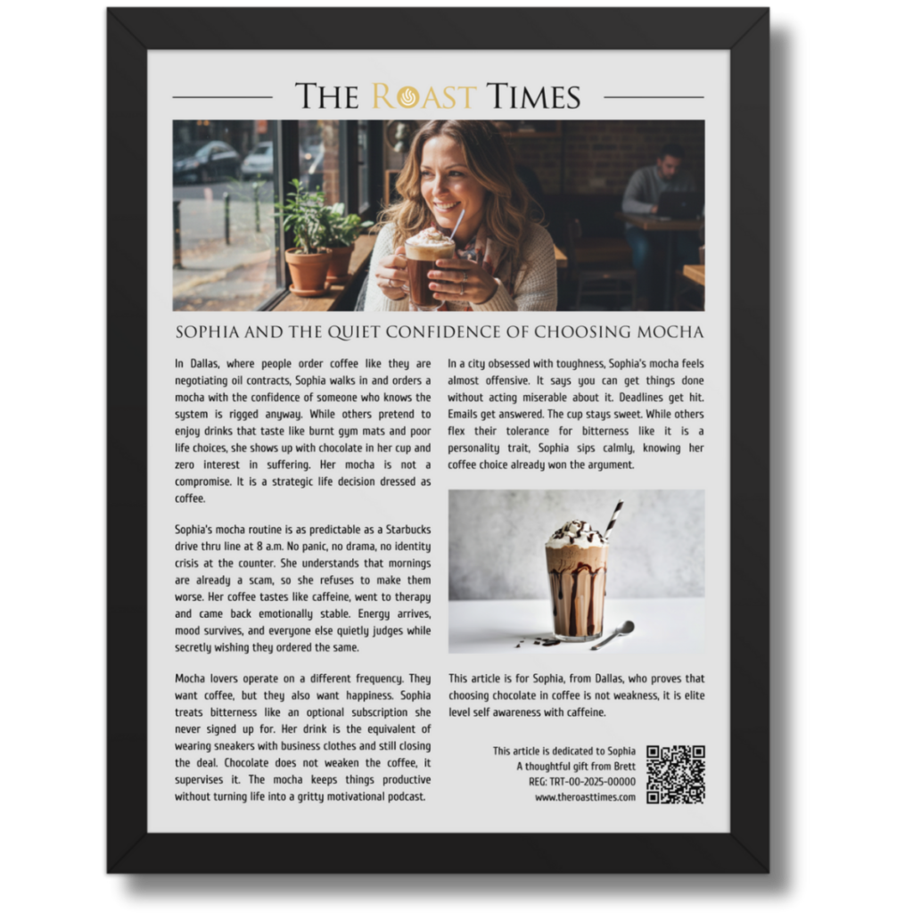 Gift for a mocha lover, a framed article that celebrates sweet coffee obsession