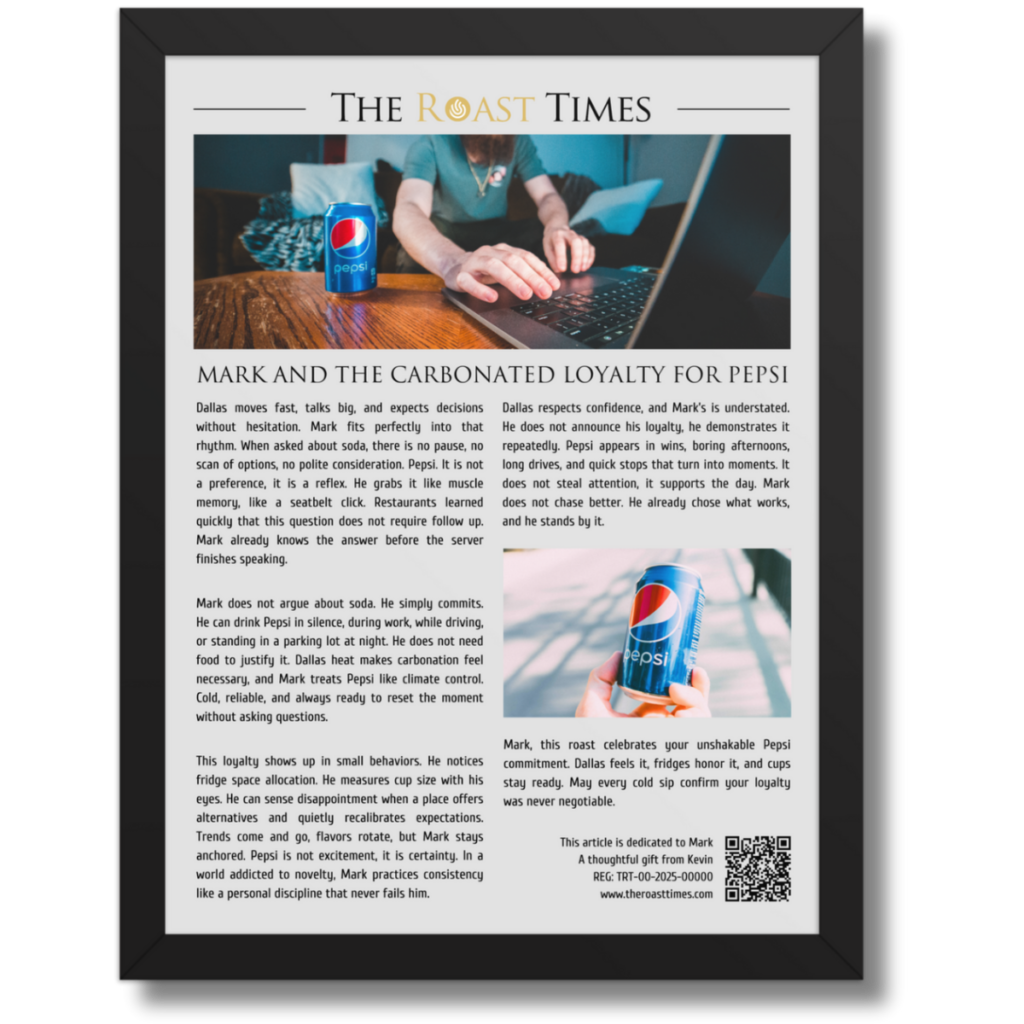 Gift for a Pepsi Lover: A bold framed roast article