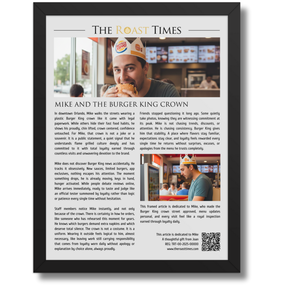 Gift for Burger King Lover, a legendary framed article