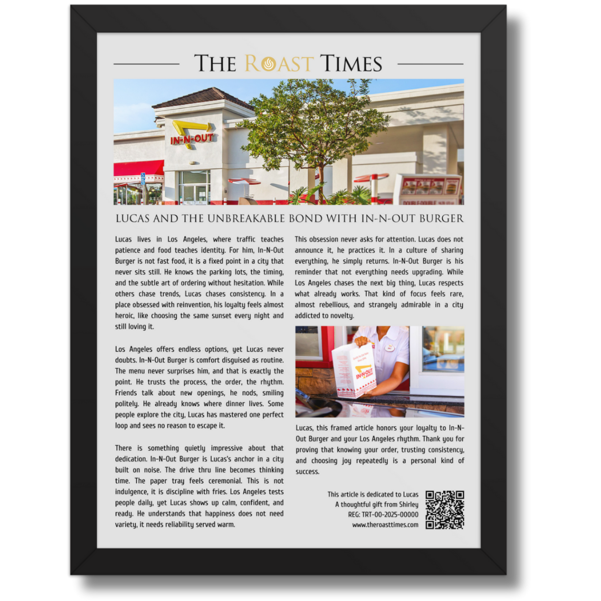 Gift for In-N-Out Burger Lover, a framed obsession worth honoring