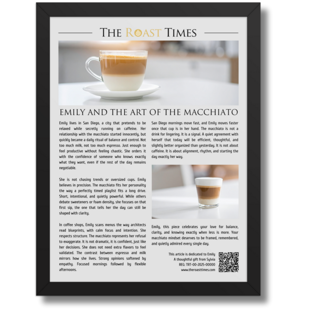 Gift for macchiato lover, a framed article that celebrates the art of balance